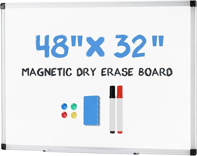 OLIXIS Magnetic White Board, Dry Erase Board for Wall 32" x 48", Whiteboard with 1 Dry Eraser & 2 Multicolor Markers & 4 Magnetic Pins, Aluminium Frame for Home, School, Office, White