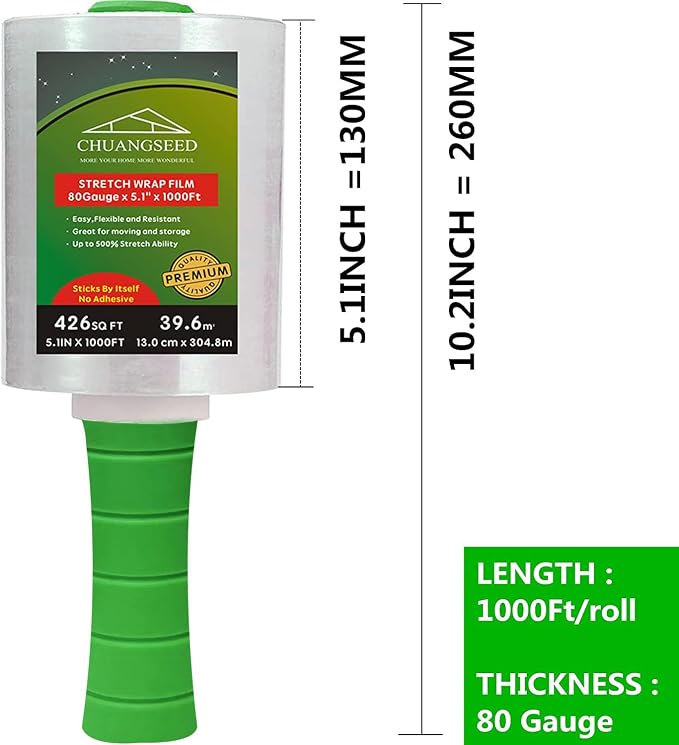 2-Pack Industrial Mini Clear Stretch Wrap Film 80 Gauge 5.1" 1000ft for Pallet Wrap with Plastic Handle,Durable Self-Adhering Packing,Moving,Packaging,Heavy Duty Shrink Film Chuangseed