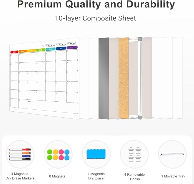 Colorful Dry Erase Calendar Whiteboard for Wall 36x24 Double-Sided Magnetic | Monthly Calendar, 7 Color Design, Wall Mount Hanging, Aluminum Frame, Smooth Dry Erase, Home School Office, Complete Kit
