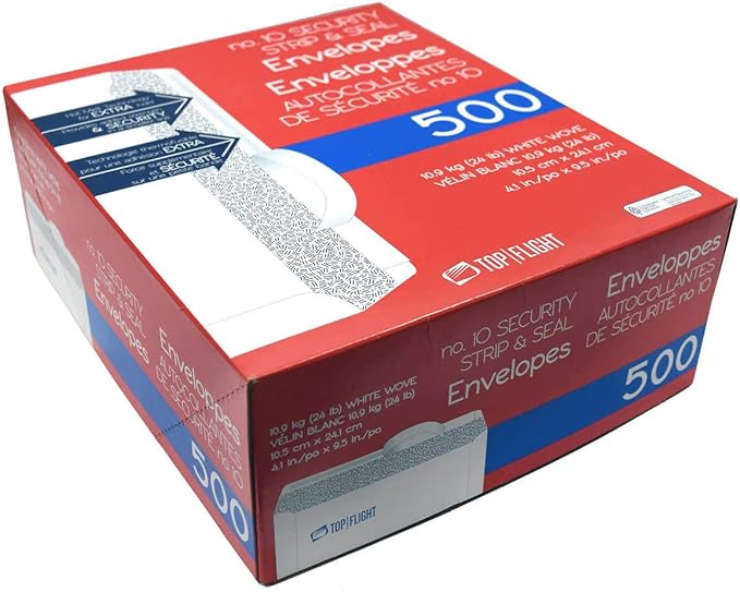 Top Flight PSTF10NWT #10 Envelopes,Strip & Seal,Security Tinted,White Paper,24 lb,500 Count (Pack of 2)