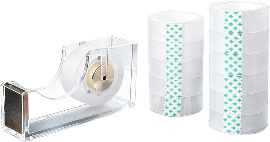 12 Rolls Crystal Clear Transparent Tape with Acrylic Tape Dispenser, 3/4 Inch x 1000 Inch, 1 Inch Core, Clear Office Tape Invisible Tape for Office School Home DIY Craft Gift Wrapping Document Sealing