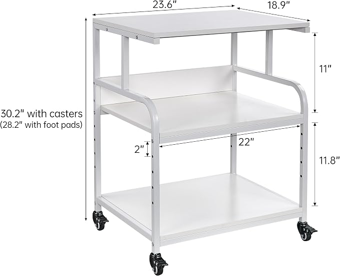 Fannova White Printer Stand Table, 23.6"x18.9"x30" Large Size with Storage | Height Adjustable Middle Shelf, Heavy Duty Industrial Wheels, 3 Tier Rolling Cart for 3D Printer, Home Office Furniture
