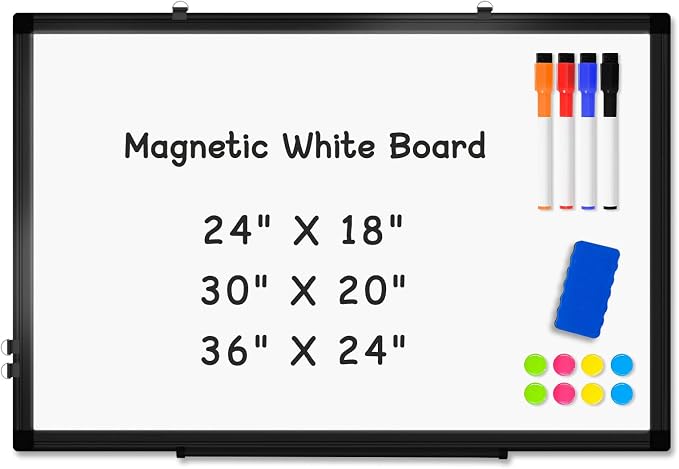 Double-Sided Magnetic Black Aluminum Frame Whiteboard, 24" x 18" | White Board for Wall, Hanging Mounting White Board Dry Erase Board Marker Board for Kitchen, Memo, School, Home, Office