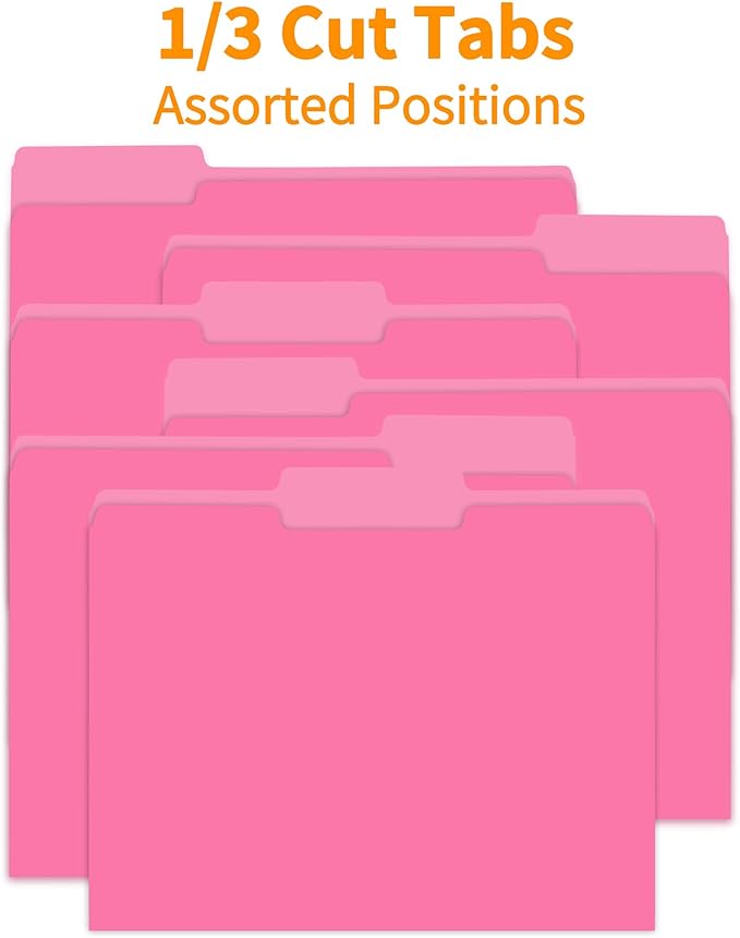 100 Packs Pink File Folder,1/3-Cut Tabs,Manilla File Folders Letter Size,8.5x11 Heavy Duty Paper File Folders for Office Filing,School Projects and Home,Organizer Documents