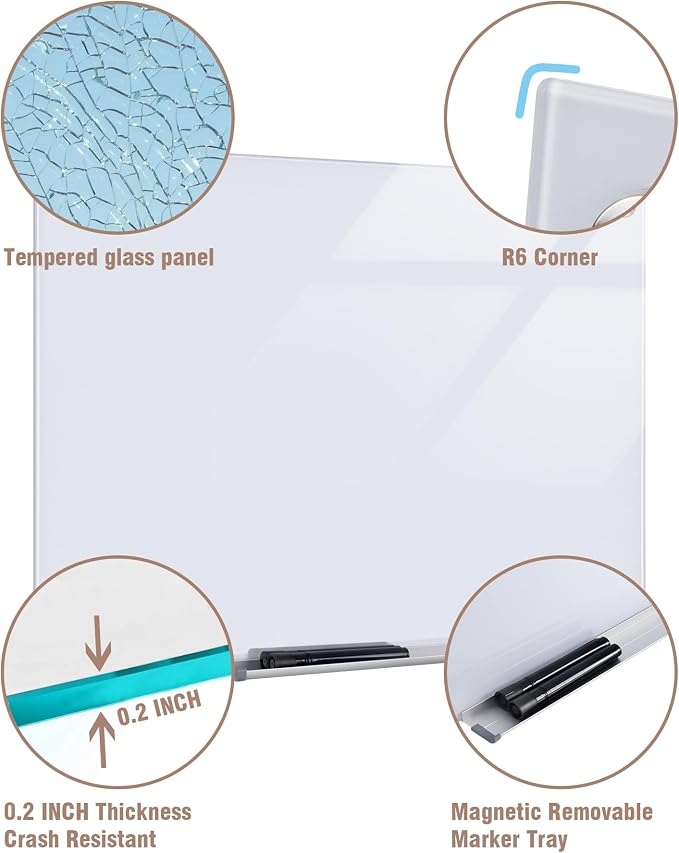 Mifuro Magnetic Glass Whiteboard，60"x48" Wall Mounted Frameless Dry Erase Board for Office, Home & School Ultra White