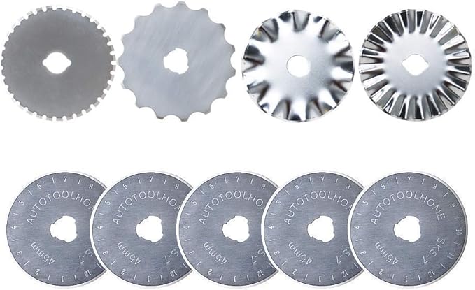 AUTOTOOLHOME 45mm Rotary Cutter Set with 9 Pack Replacement Rotary Blades Skip Rotary Blades Pinking Rotary Blades for Sewing Fabric Leather Quilting Cutter Paper Perforating Tool