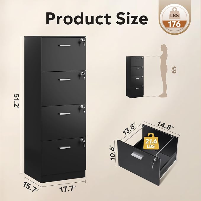 DEVAISE 4 Drawer Vertical File Cabinet, Wood Filing Cabinet with Lock | Home Office File Storage Cabinet for Letter and A4 Size, Printer Stand, Black