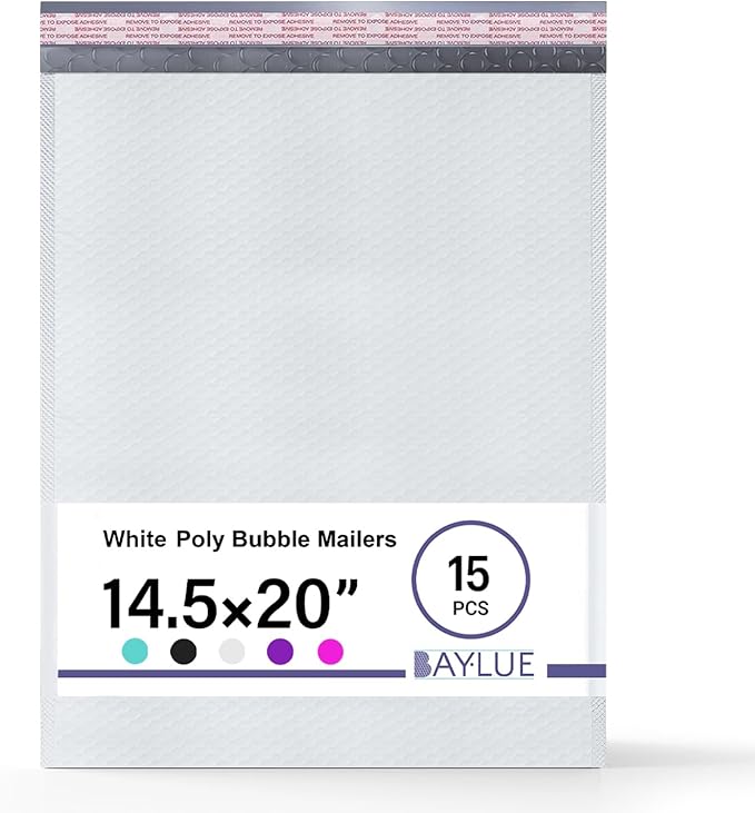 White Poly Bubble Mailers 14.50x20 Inch #7 | Self Seal Large Padded Envelopes | Air Cushioned Bubble Mailer | Usable Size 14.25x19 Inch | Waterproof Lightweight Mailing Shipping Bags | 15 Pack