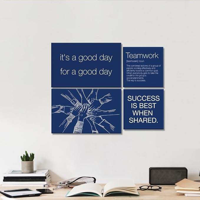 YEOION Navy Blue Motivational Teamwork Office Wall Decor,Inspirational Team Work Wall Art Canvas Frame Artwork for Office Workplace Breakroom Wall Decor Set of 6