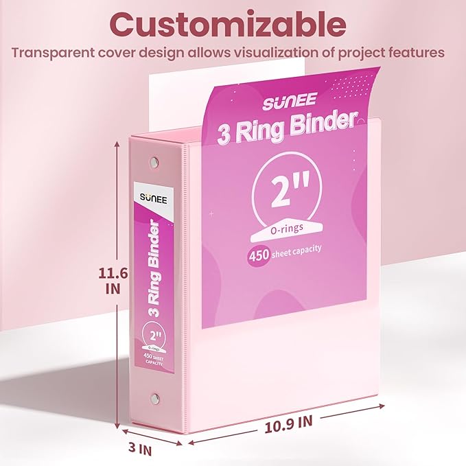 SUNEE 3 Ring Binder 2 Inch 2 Pack, Clear View Binder Three Ring PVC-Free (Fit 8.5x11 Inches) for School or Office Supplies, Pink & Blue
