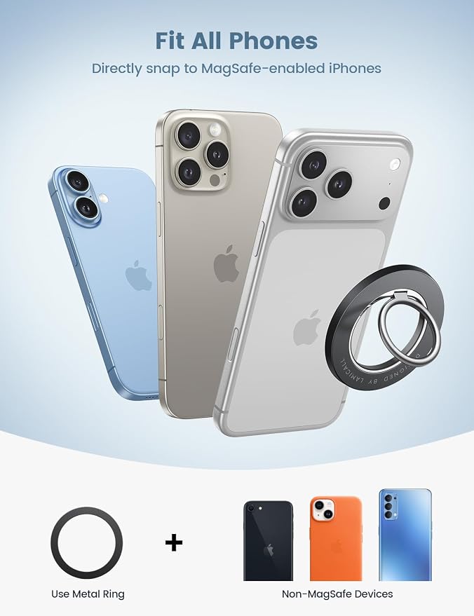 Lamicall Magnetic Phone Ring Grip for MagSafe, 360° Rotation Finger Holder | Strong Magnet Grip, Ring Stand Kickstand for iPhone 17 16 15 14 13 12 Pro Max Air Androids, Mag Safe Accessories