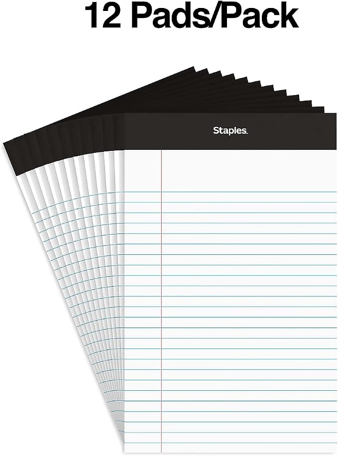 Staples Notepads, 5x8 Inch, Narrow Ruled, White, 12-Pack | 50 sheets per pad. Compact size for notes, lists, and everyday writing.