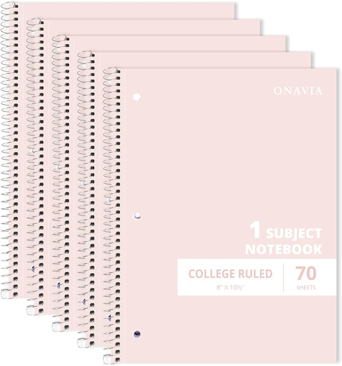 ONAVIA Pink 1 Subject Spiral Notebook College Ruled 5 Pack, 140 Pages | 70 Sheets, 8 x 10.5 in, 3-Hole Punched, School Notebook, Writing Notebook, Students, Study