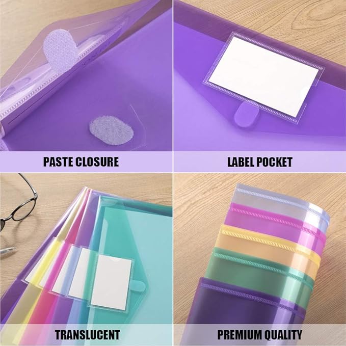 Sooez 24 Pack File Folders, Clear Poly Envelopes Plastic Folders A4 Pouch | Folder for Documents Letter A4 Size with Label Pocket, Teacher School Office Supplies Organization Storage, Assorted Color