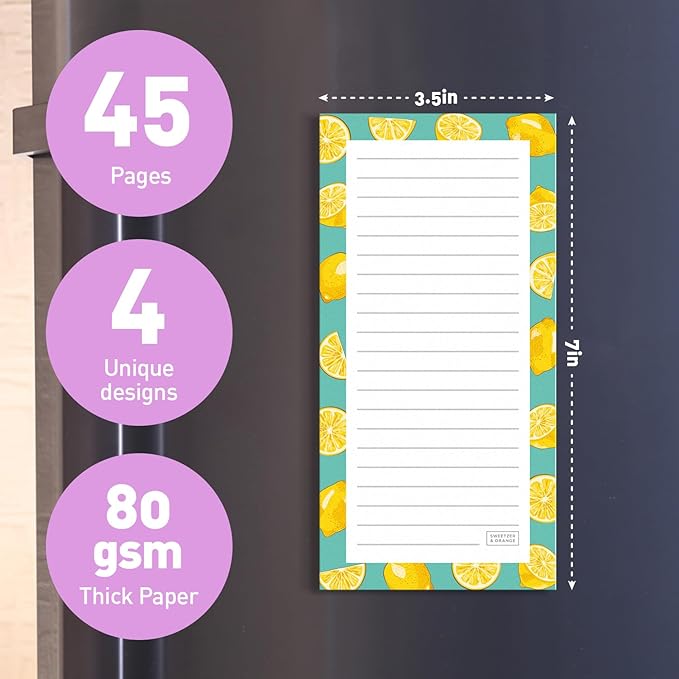 Sweetzer & Orange S&O Magnetic sheets for Refrigerator 4 Pack - Fun Fruity planner notes for Fridge Sets - Magnetic registry journals for cooler, sticky Notepads for freezer - 3.5” x 7”, 45 Pages