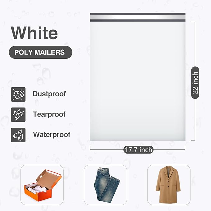 UCGOU 17.7x22 Large Poly Mailers White Shipping Bags Self-Sealing Waterproof and Tear-Proof Shipping Envelope for Small Business Mailers Poly Bags for Clothing, Books 50 Pack