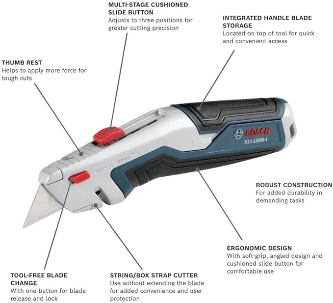 BOSCH H11-13000-1 Retractable Utility Knife | Optimal Cutting Performance, Cushioned Slide Button, Integrated Blade Storage - Includes 3 Blades