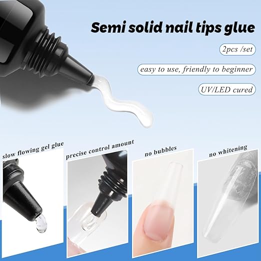 Soft Gel Nail Tips Glue, 2Pcs 15ml Super Strong Semi Solid Nail Glue Gel UV Light Curing Needed Glues for Press On Clear False Tips Bonding Acrylic Nails Extension Home Manicure
