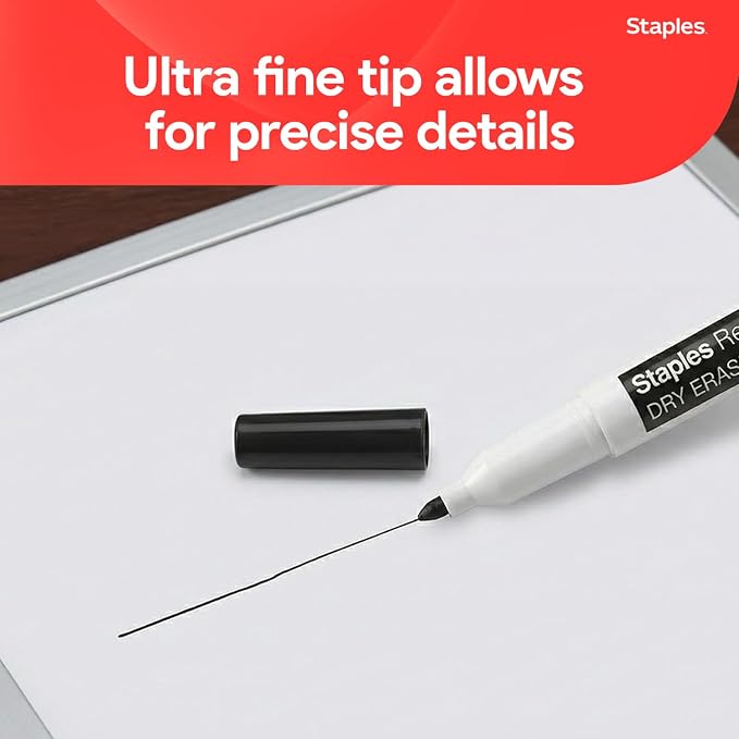 Staples Remarx Dry Erase Markers, Ultra Fine Tip, Black, 12-Pack | Precision whiteboard markers for school, office, and planning use.