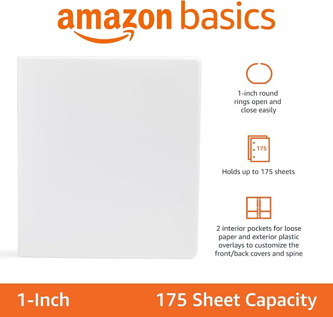 Amazon Basics 3-Ring Binder with Round Rings and Interior Pockets, 1-Inch, White, 4-Pack