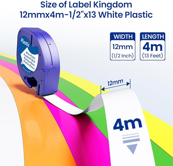5 Pack Compatible with Dymo Letratag Label Maker Refills 12mm x 4m(1/2" x 13') for Labeler Letra Tag 200B LT 100H 100T Plus, Replacment for Dymo Label Tape Colored Plastic Label Maker Tape