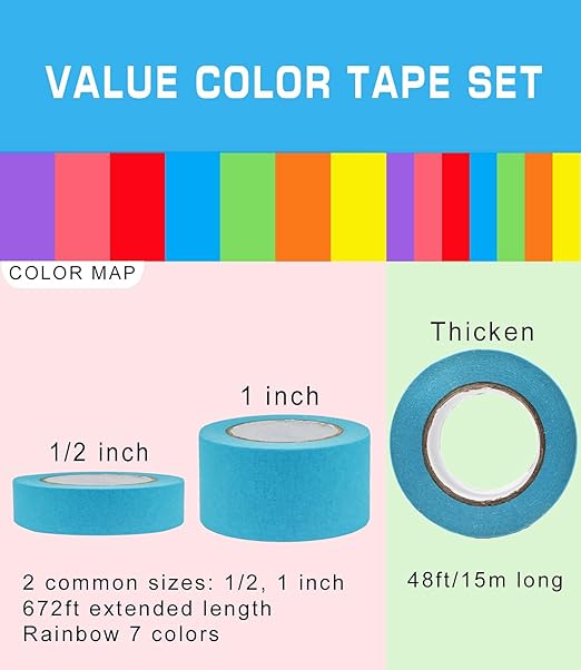 14 PCS Masking Painters Tape Colored 1 Inch 1/2 Inch with Dispenser - Rainbow Masking Tape 14 Pack X 16Yards - Multi Color Paper Tape for Kid Craft, Box Labeling，Teachers Classroom Floor Decorative