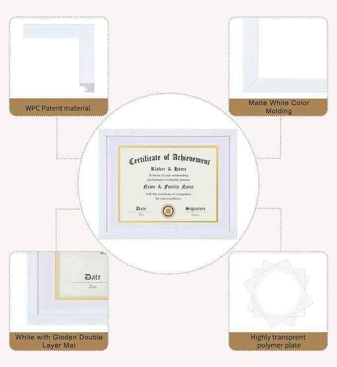 ELSKER&HOME 11x14 Diploma Frame, 8.5x11 Certificate&Document with Mat or 11x14 Inch Without Mat, White Frames, Display Degree or Award Frames (Double Mat, White with White Rim)