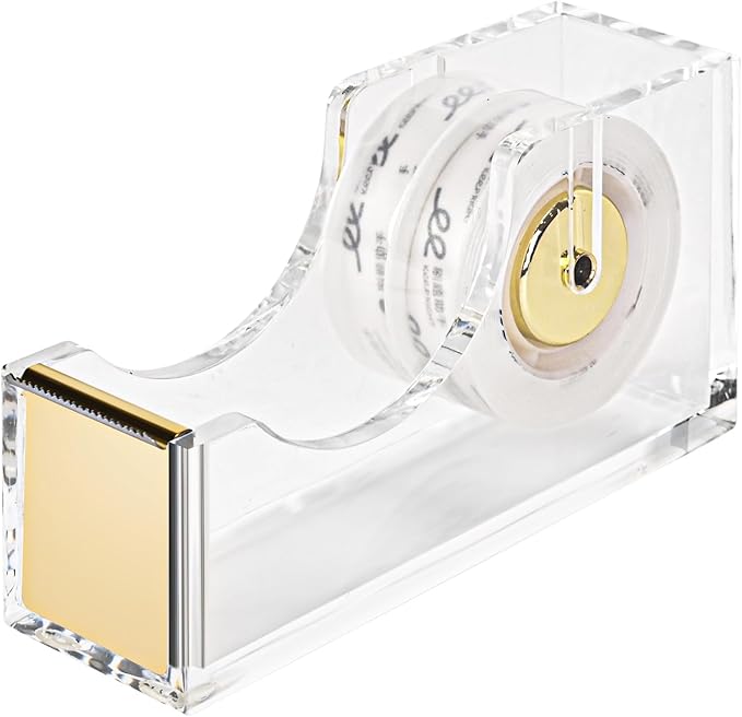 Clear Desktop Tape Dispenser, Modern Acrylic Tape Dispenser Kit, 1 Inch Core Desktop Adhensive Tape Cutter Holder for Office Desk, Home, School-Gold