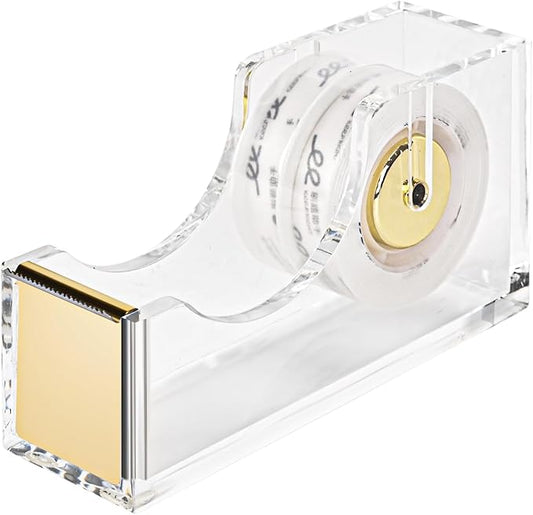 Clear Desktop Tape Dispenser, Modern Acrylic Tape Dispenser Kit, 1 Inch Core Desktop Adhensive Tape Cutter Holder for Office Desk, Home, School-Gold