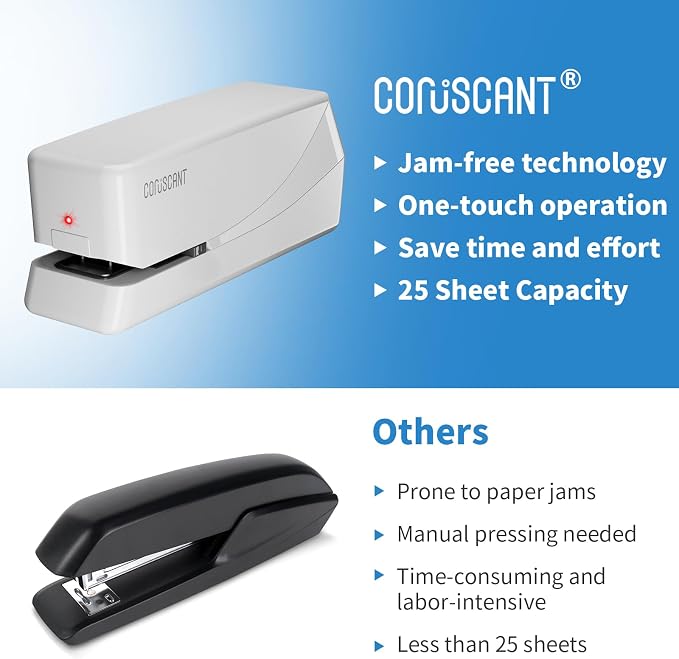 Coruscant Electric Stapler, Automatic Stapler, Heavy Duty，25 Sheet, Store 210 Staples，Includes 2000 Staples and 1 Staple Remover. Electric Desktop AC or Battery Powered for Home/Office Use