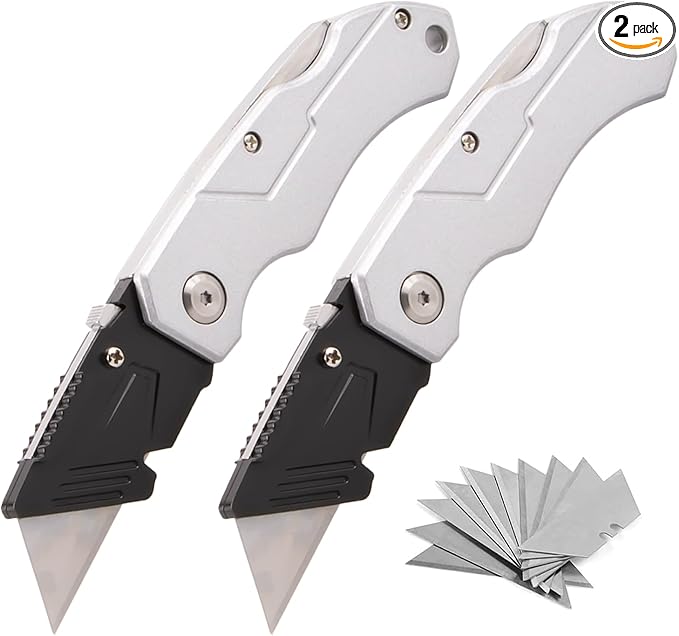 (2-Pack) Heavy Duty Folding Utility Knife with 10 Extra Blades, Box Cutter with Belt Clip for Cardboard, Carton, Carpet Cutting, Aluminum Alloy Anti-slip Handle, Quick Replace Blade