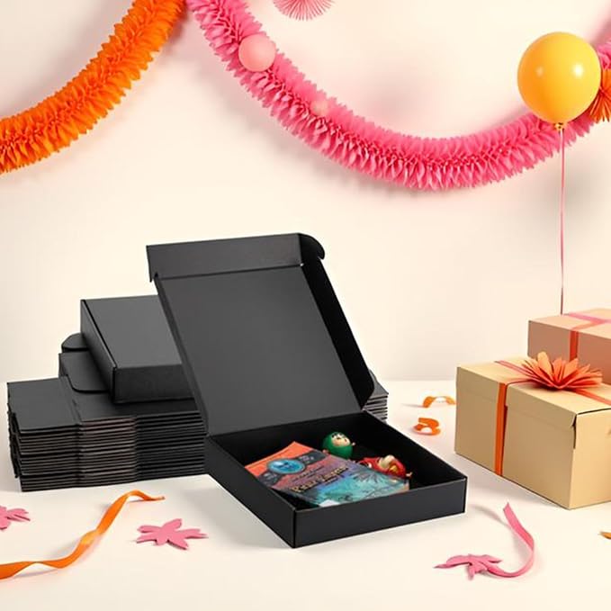 10x10x2 inch Black Shipping Boxes for Small Business- Set of 25 | Sturdy ECT 32 Corrugated Cardboard Mailer Boxes, Easy Assemble for Packaging, Mailing, Gift