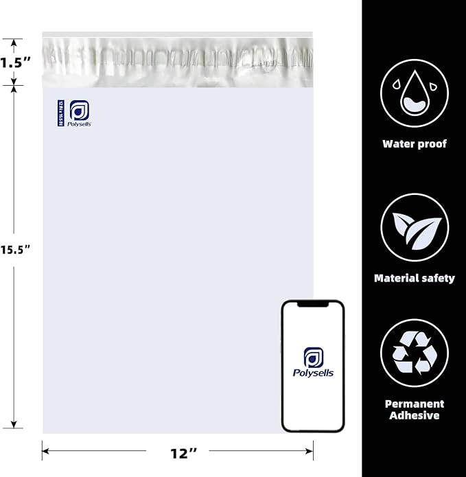 POLYSELLS 50 pcs 12x15.5 Inches White Poly Mailers Shipping Envelopes, Strong Adhesive Sealing, Waterproof, and Tear-resistant Postal Mailing Bags for Clothing and Accessories
