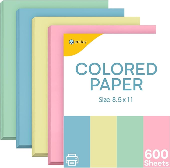 Colored Paper 8.5 x 11, Copy Paper (600 Pack) Letter Size Printer Paper, Assorted Colors, for Printer, Arts & Crafts, DIY Projects, Office & School - Pink, Blue, Yellow, Green - 150 Sheets Per Color