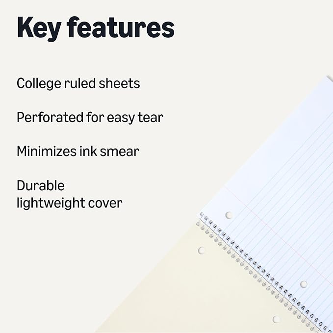 Amazon Basics College Ruled Spiral Notebook, For Work and School, 70 Sheets, 8" x 10.5", 3 pack, Assorted Pastel Solid Colors