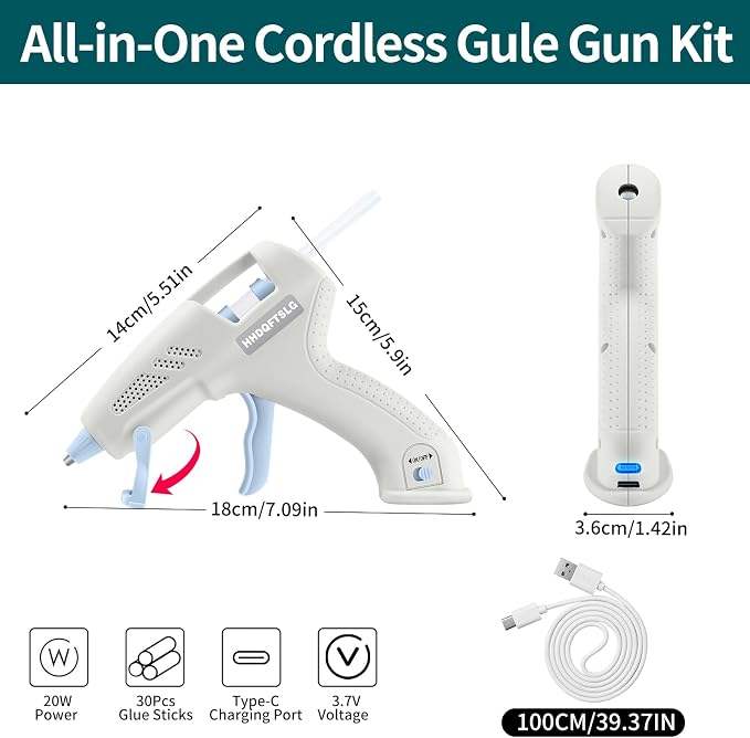 Cordless Hot Glue Gun Kit with 30 Sticks, Fast Heating 2.6Ah Rechargeable | 20W Anti-Drip Glue Gun and Sticks Set (0.27"×6") USB-C Rechargeable Mini Glue Gun Ideal for School Crafts DIY Making Repairs