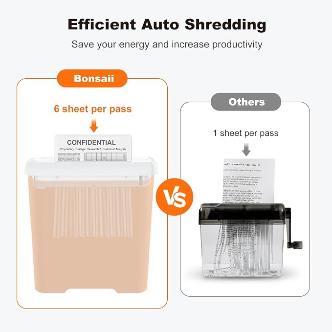 Bonsaii 6-Sheet Small Strip Cut Paper Shredder for Home,Without Basket | Extendable Arm Design, Overheat Protection, 3.4 Gal Wastebasket, Small Shredder for Home Office Use
