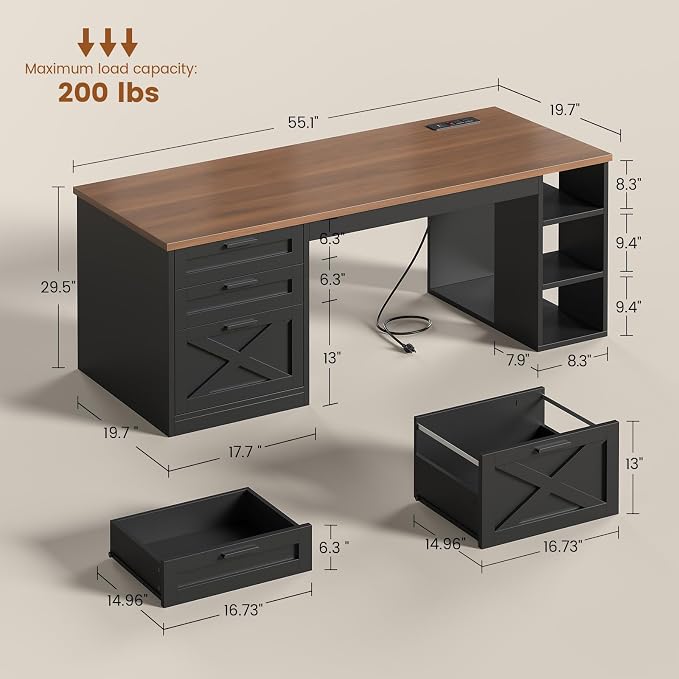 SEDETA 55.1" Farmhouse Office Desk with 3 Drawers for Home Office | Computer Desk with File Drawer & Storage Shelves, Home Office Desk with Power Outlet for Home Office,Black and Brown