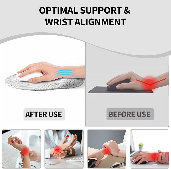 Mouse Pad with Wrist Rest, Comfortable Computer Mousepad with Gel Wrist Support Smooth Surface and Non-Slip PU Base for Pain Relief, Laptop, Office & Home (White Line)