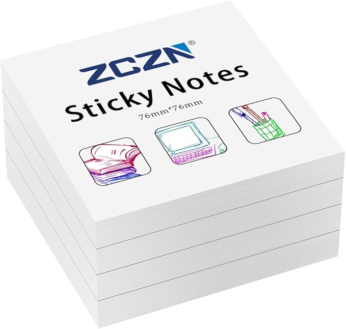 ZCZN White Sticky Notes,3 x 3 in,100 Sheets/Pad,4 Pads/Pack