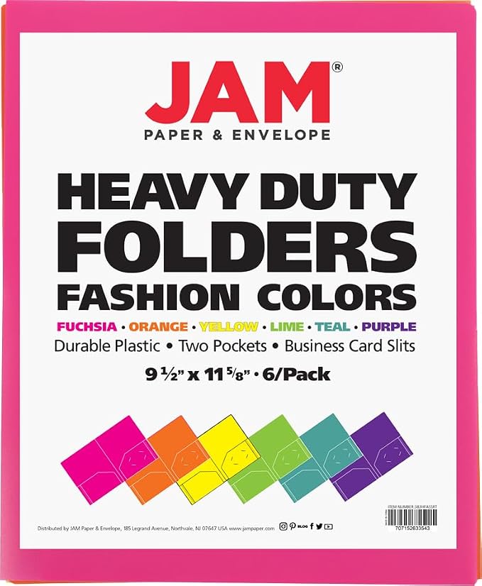 JAM PAPER Heavy Duty Plastic 2 Pocket Extra Tough School Folders - Assorted Fashion Colors - 12 Folders/Pack (2 Assorted Packs of 6)