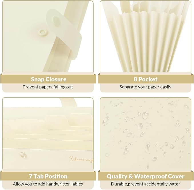 SKYDUE Expanding File Folder, Accordion File Organizer with 8 Pockets, Expandable Document Paper Receipt Holder for School Office Hospital, Letter/A4 Size Beige
