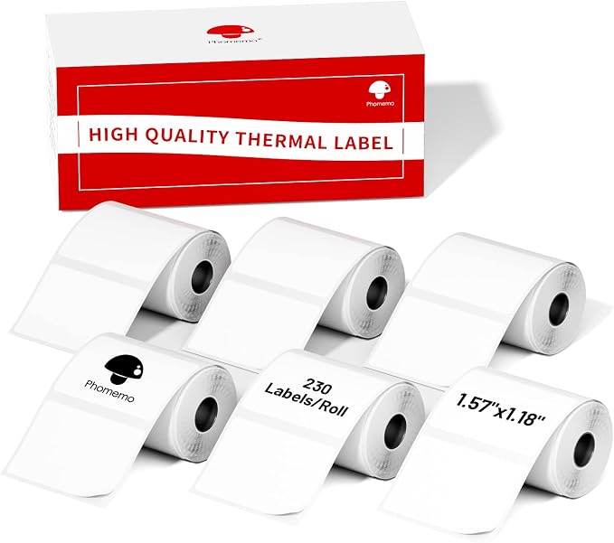 Phomemo Labels 6 Rolls,1.57"x1.18", Use for M110/M100/M220/M108, 1380 PCS | 40×30mm Square Thermal Stickers Labels for Kids & School, Barcode, Logo, Business, Home,Organization, Peptide Vial, White
