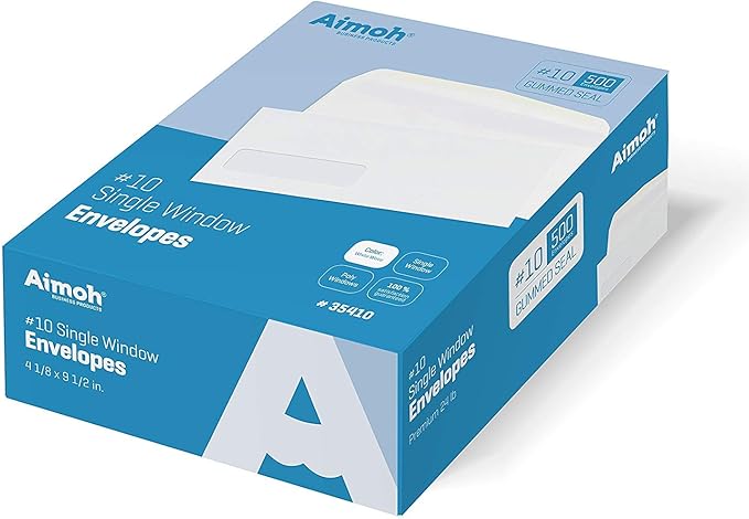 Aimoh #10 Single Left Window Envelopes -Gummed Closure -Size 4-1/8x9-1/2 Inches - 24LB - 1 Case - 5 Packs - 2500 Envelopes(35410-2500)