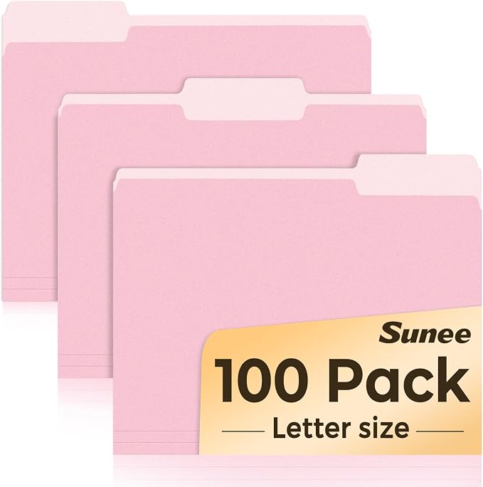 SUNEE File Folders Letter Size Pink, 100 Pack Manilla Folders 8.5 x 11 1/3-Cut Tabs, Colored File Folders Office Home School for Documents Files Paper