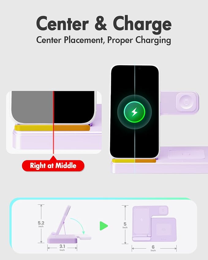GETPALS Wireless Charger iPhone Charging Station for Apple Multiple Devices | 3 in 1 Charger Stand for iPhone 17 Pro Max 17e 16 16e 15 14 13 12 & Watch Series 11-2 SE Ultra & Airpods 4 3 Pro, Violet