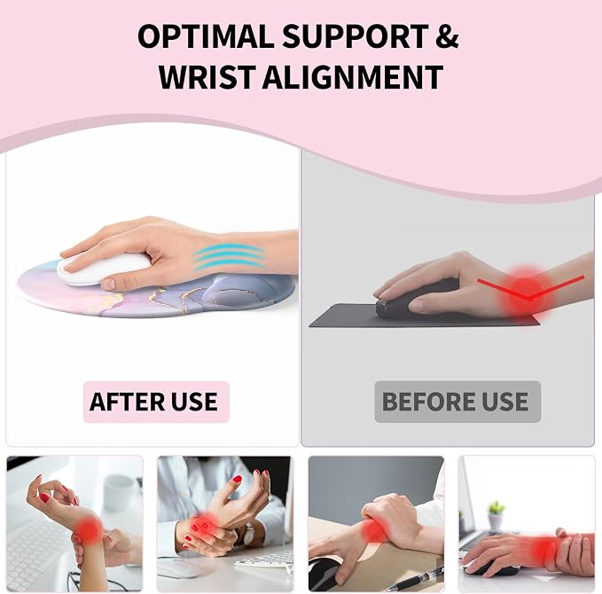 Mouse Pad with Wrist Rest, Comfortable Computer Mousepad with Gel Wrist Support Smooth Surface and Non-Slip PU Base for Pain Relief, Laptop, Office & Home (Cyan Pink Marble)