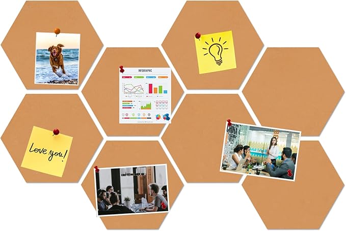 Large Hexagon Felt Cork Board Tiles, Self Adhesive DIY Felt Bulletin Board Pin Board with 35 Pushpins for Office School Home Wall Decor Stickers Memos Photos Display(Deep Camel)