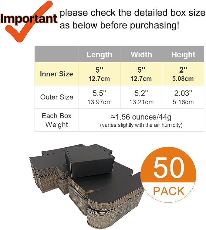 50 Pack 5x5x2'' Small Shipping Boxes, Corrugated Cardboard Mailers for Business, Black (CM552B)