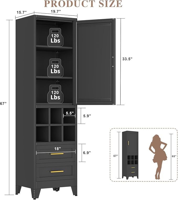 Metal Tall Narrow Storage Cabinet, Freestanding Floor Cabinet with Drawers and Adjustable Shelves, Pantry Storage Cabinet for Bathroom, Living Room, Entryway and Kitchen